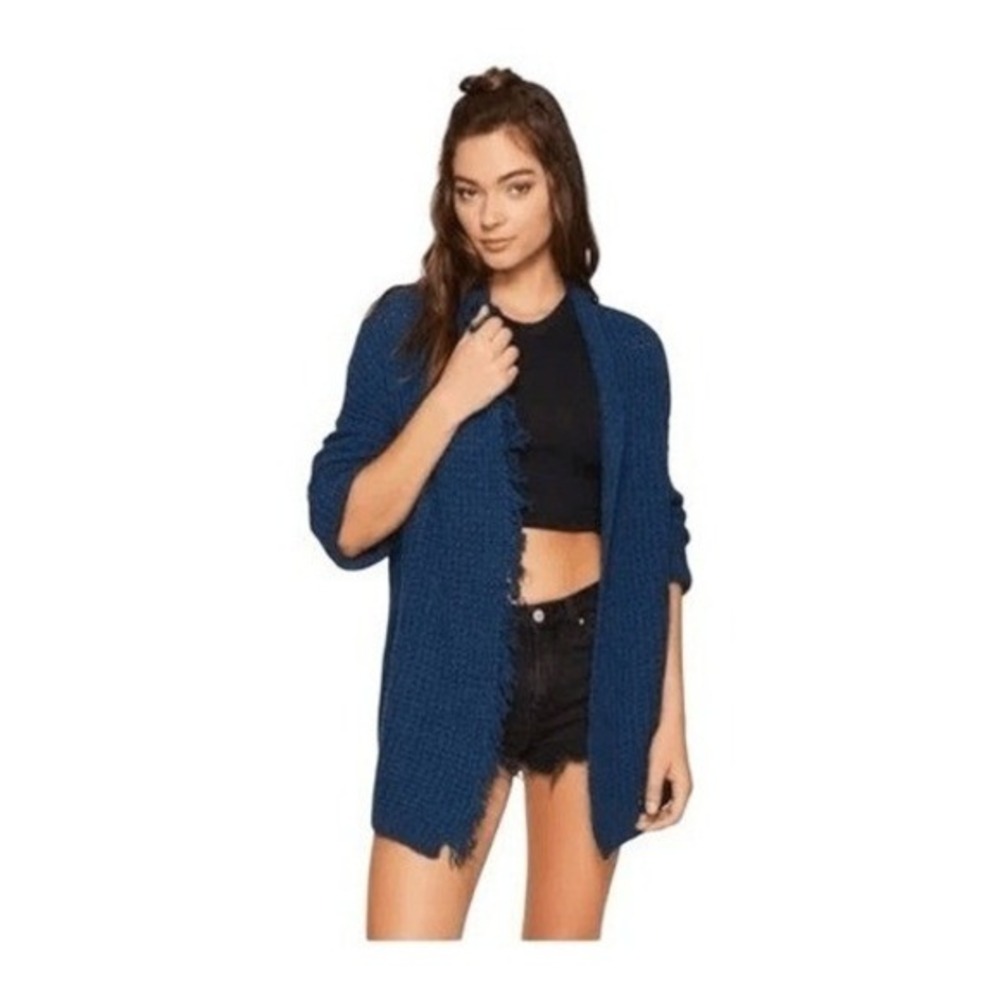 Free People I'll Be Around Cardigan Sweater Blue Silk‎ Fringe Trim XS